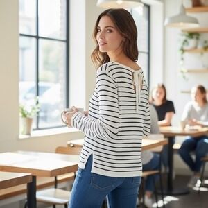 Nautica Women's Long Sleeve Striped Sweater | White/Navy‎ | Cotton | Tie Back